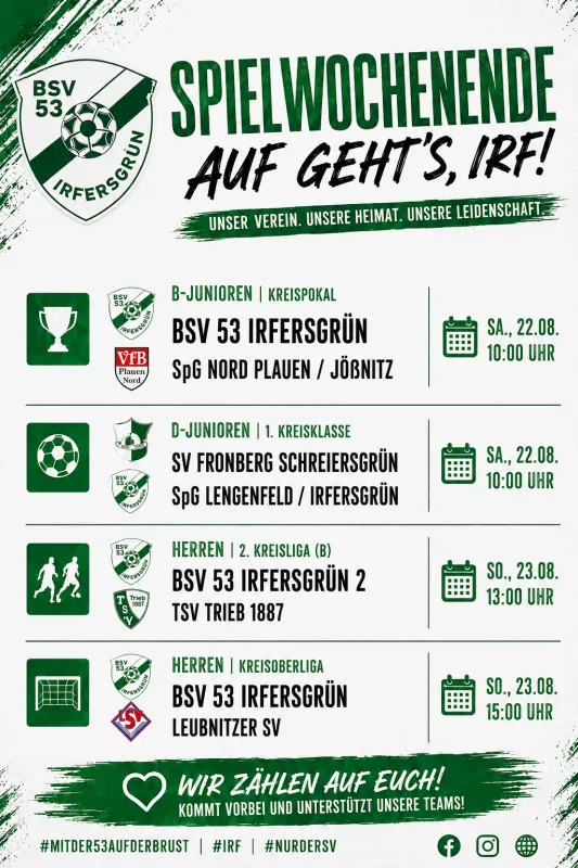 🟢⚪️ SPIELWOCHENENDE BEIM BSV 53 IRFERSGRÜN ⚽️